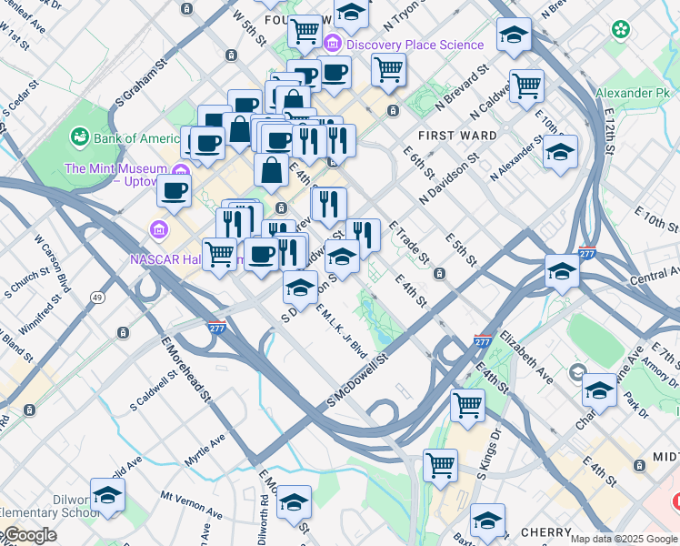 map of restaurants, bars, coffee shops, grocery stores, and more near 319 South Davidson Street in Charlotte