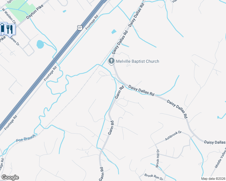 map of restaurants, bars, coffee shops, grocery stores, and more near 8821 Gann Road in Soddy-Daisy