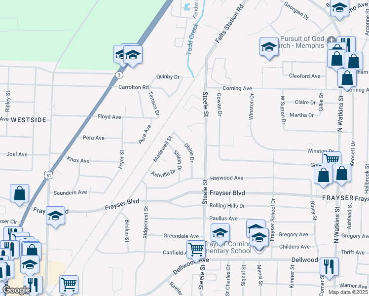 map of restaurants, bars, coffee shops, grocery stores, and more near 3510 Obion Drive in Memphis