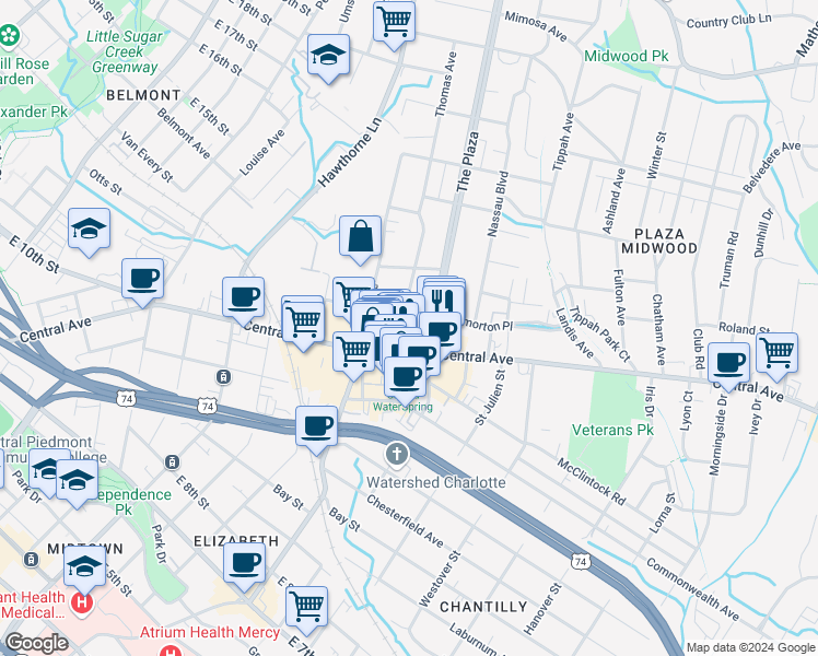 map of restaurants, bars, coffee shops, grocery stores, and more near 1331 The Plaza in Charlotte