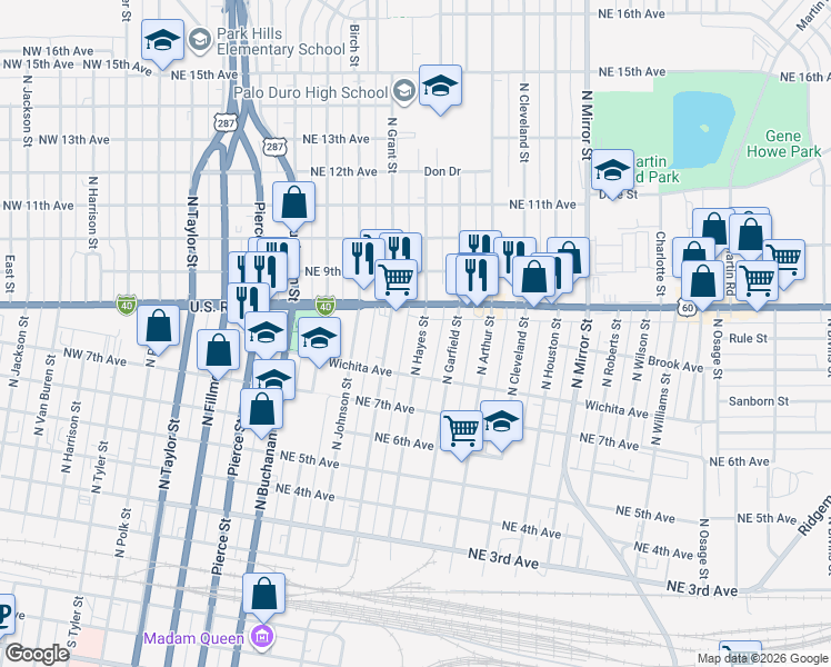 map of restaurants, bars, coffee shops, grocery stores, and more near 735 North Hayes Street in Amarillo