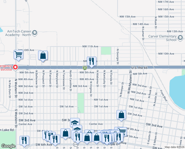 map of restaurants, bars, coffee shops, grocery stores, and more near 410 North Virginia Street in Amarillo