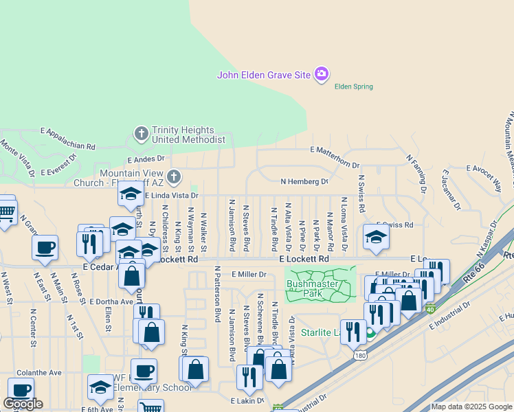 map of restaurants, bars, coffee shops, grocery stores, and more near 3691 North Schevene Boulevard in Flagstaff