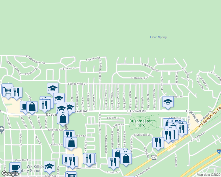 map of restaurants, bars, coffee shops, grocery stores, and more near 3680 North Jamison Boulevard in Flagstaff