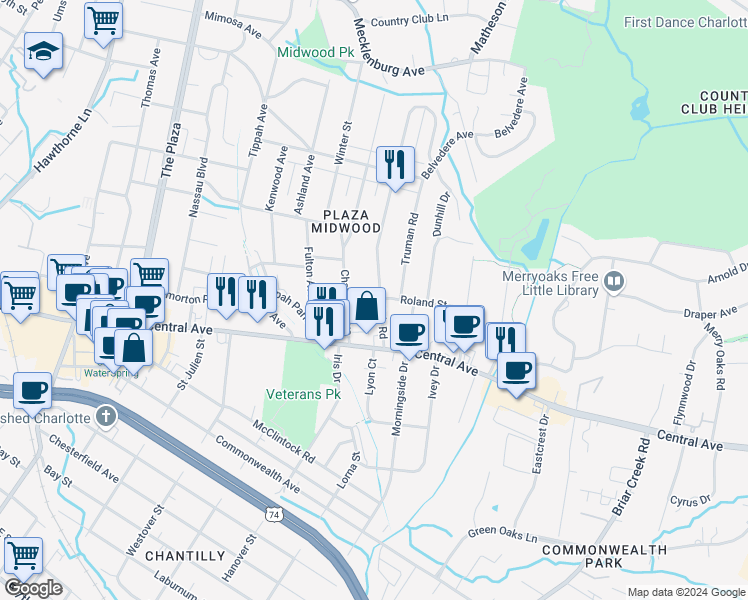 map of restaurants, bars, coffee shops, grocery stores, and more near 1711 Club Road in Charlotte