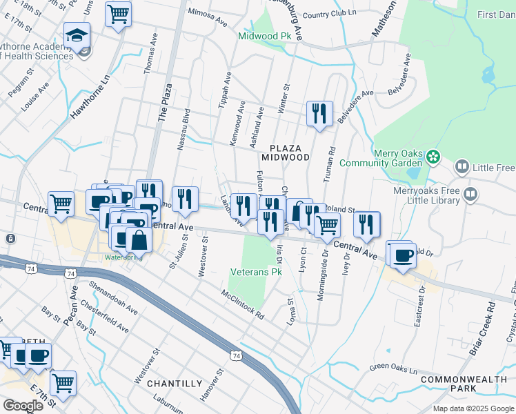 map of restaurants, bars, coffee shops, grocery stores, and more near in Charlotte