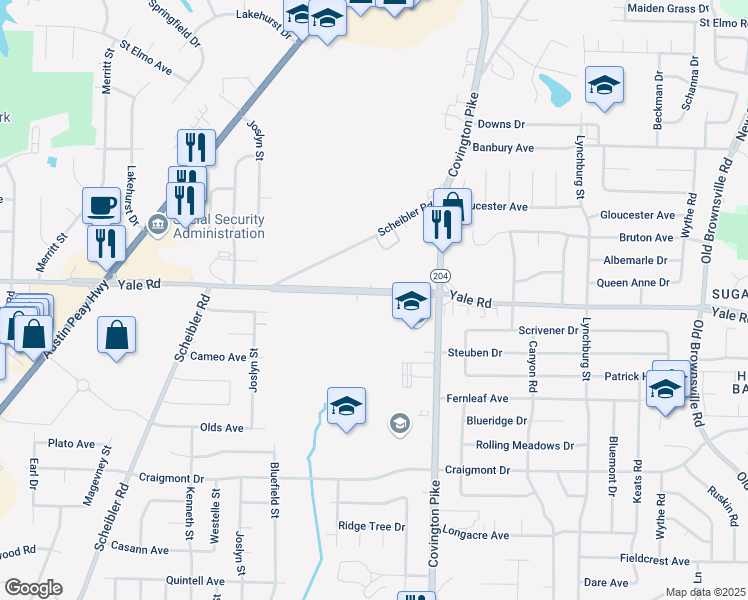 map of restaurants, bars, coffee shops, grocery stores, and more near 5000 Yale Road in Memphis