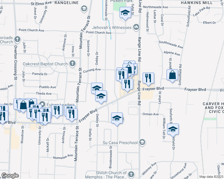 map of restaurants, bars, coffee shops, grocery stores, and more near 3516 North Trezevant Street in Memphis