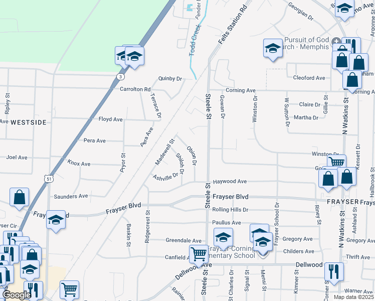 map of restaurants, bars, coffee shops, grocery stores, and more near 3510 Obion Drive in Memphis