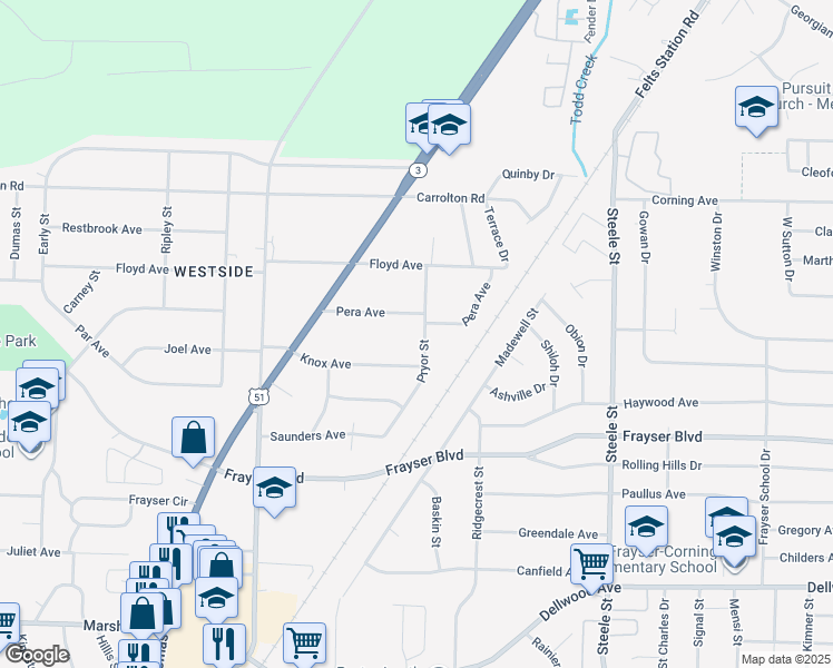 map of restaurants, bars, coffee shops, grocery stores, and more near 1241 Pera Avenue in Memphis