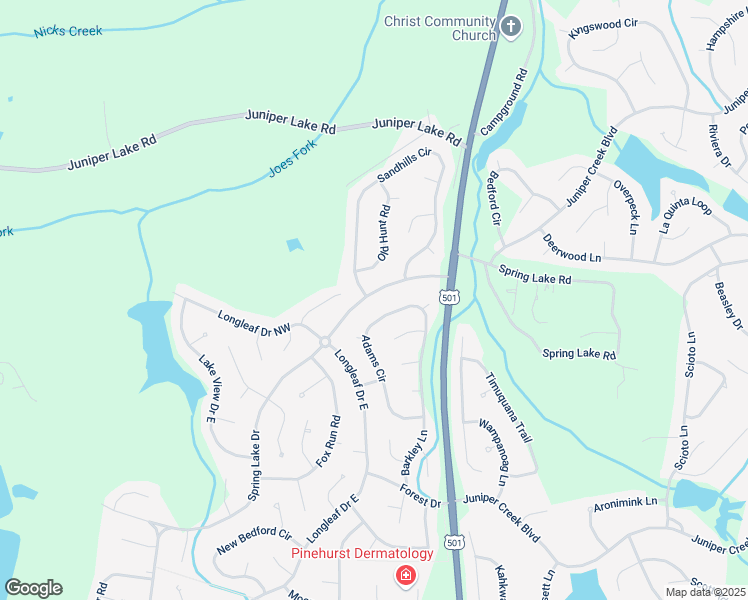 map of restaurants, bars, coffee shops, grocery stores, and more near 410 Spring Lake Drive in Pinehurst