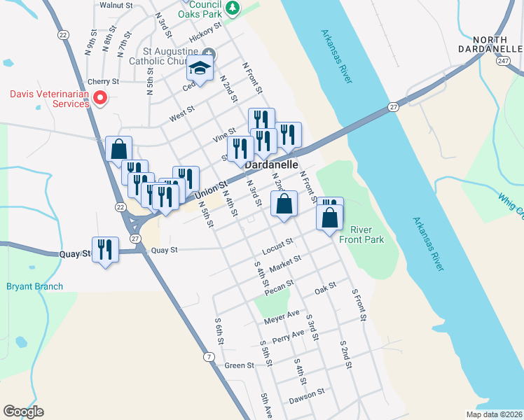 map of restaurants, bars, coffee shops, grocery stores, and more near Pine Street in Dardanelle