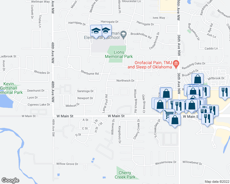 map of restaurants, bars, coffee shops, grocery stores, and more near 307 Colony Drive in Norman