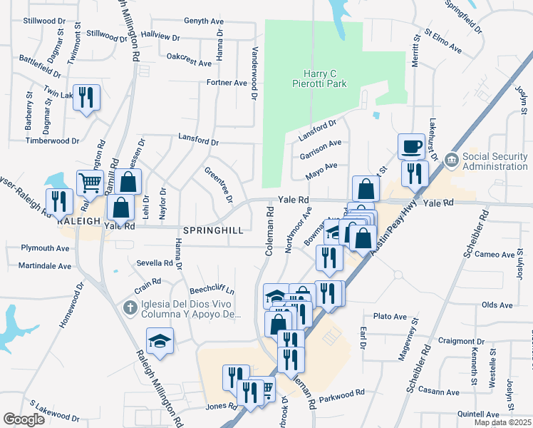 map of restaurants, bars, coffee shops, grocery stores, and more near 3497 Coleman Road in Memphis