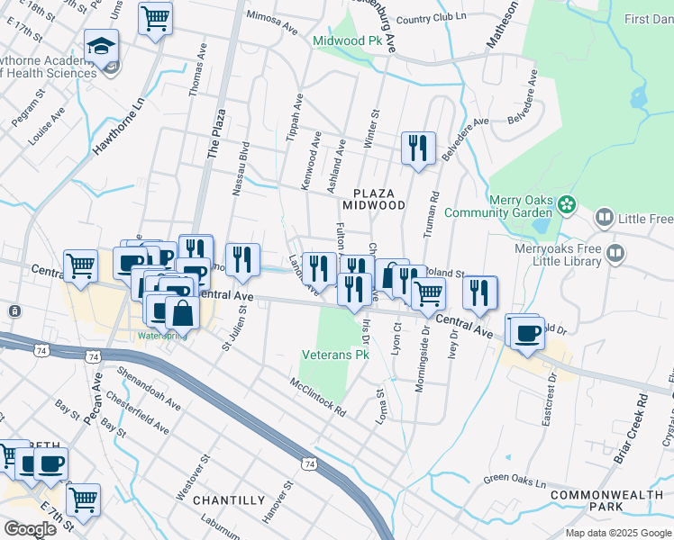 map of restaurants, bars, coffee shops, grocery stores, and more near 1631 Fulton Avenue in Charlotte