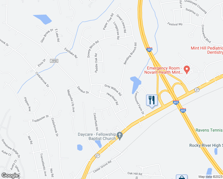 map of restaurants, bars, coffee shops, grocery stores, and more near 9015 Gray Willow Road in Charlotte