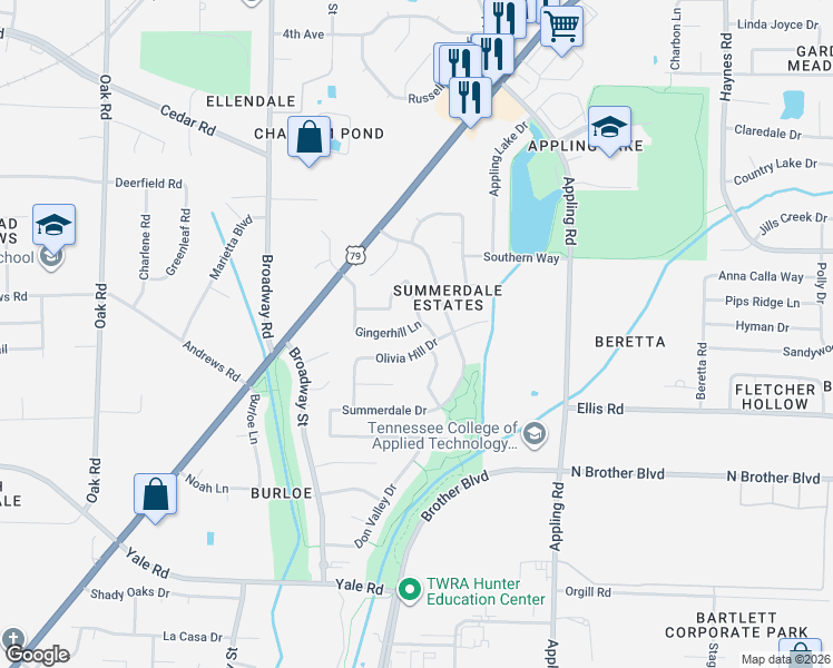map of restaurants, bars, coffee shops, grocery stores, and more near 7476 Gingerhill Lane in Memphis