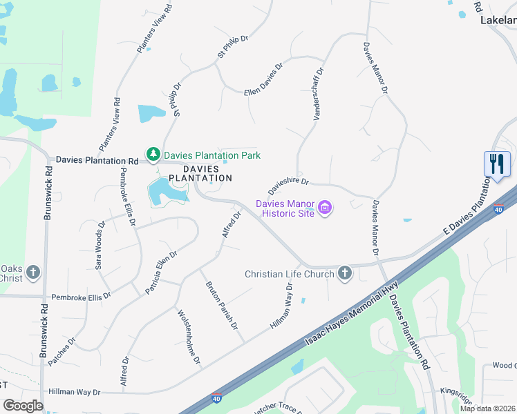 map of restaurants, bars, coffee shops, grocery stores, and more near 9202 Davies Plantation Road in Memphis