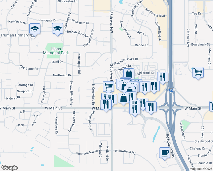 map of restaurants, bars, coffee shops, grocery stores, and more near 3713 River Oaks Drive in Norman