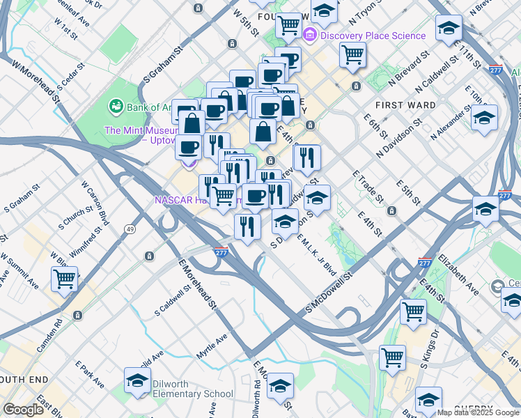 map of restaurants, bars, coffee shops, grocery stores, and more near 400 East Martin Luther King Junior Boulevard in Charlotte