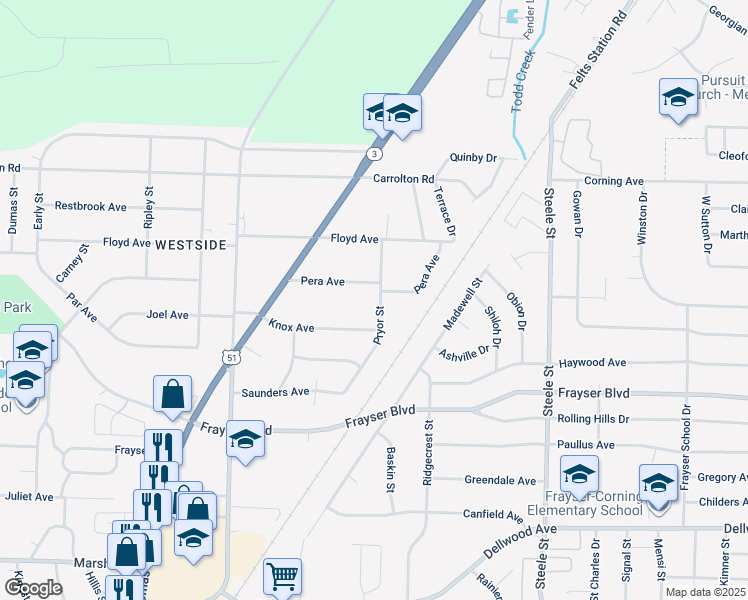 map of restaurants, bars, coffee shops, grocery stores, and more near 1241 Pera Avenue in Memphis