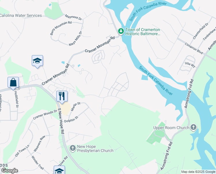 map of restaurants, bars, coffee shops, grocery stores, and more near 204 Cramerton Mills Parkway in Cramerton