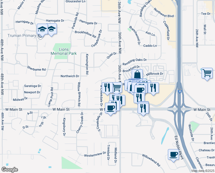 map of restaurants, bars, coffee shops, grocery stores, and more near 3713 River Oaks Drive in Norman
