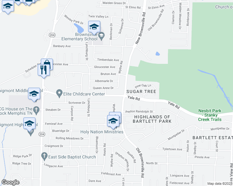 map of restaurants, bars, coffee shops, grocery stores, and more near 5378 Yale Road in Memphis