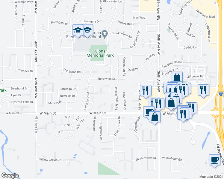 map of restaurants, bars, coffee shops, grocery stores, and more near 313 Potomac Drive in Norman