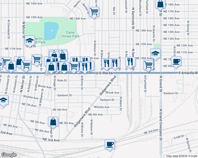 map of restaurants, bars, coffee shops, grocery stores, and more near 2805 Rule Street in Amarillo