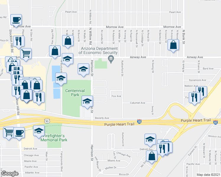 map of restaurants, bars, coffee shops, grocery stores, and more near 2465 Armour Avenue in Kingman
