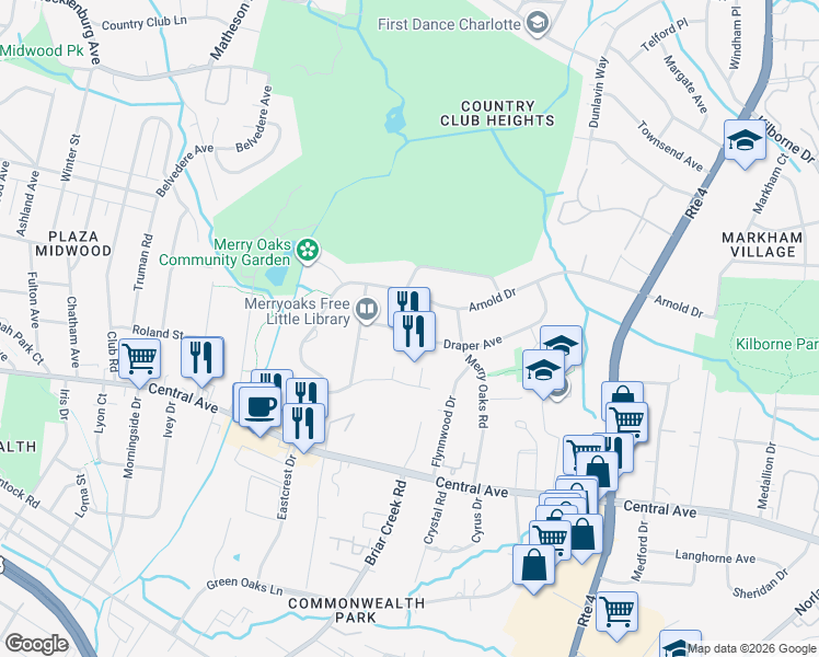 map of restaurants, bars, coffee shops, grocery stores, and more near 3237 Draper Avenue in Charlotte
