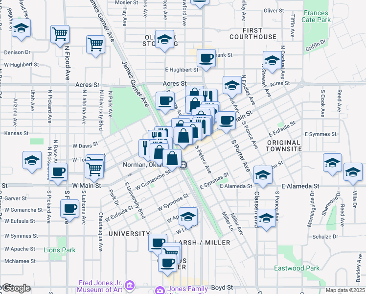 map of restaurants, bars, coffee shops, grocery stores, and more near 128 East Main Street in Norman
