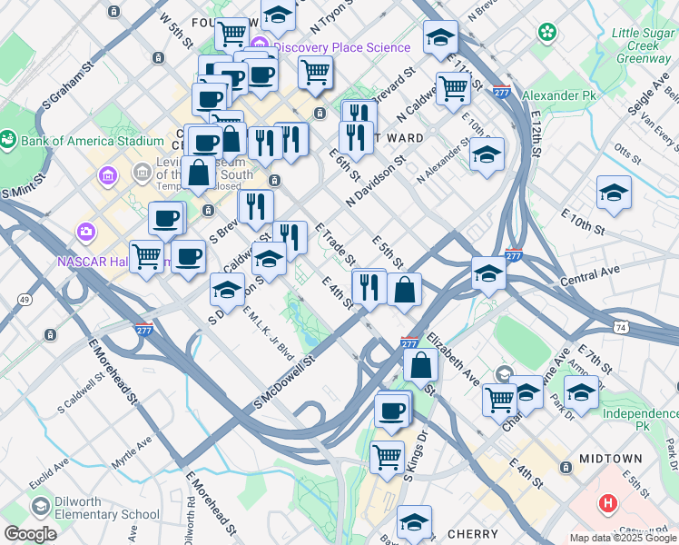 map of restaurants, bars, coffee shops, grocery stores, and more near in Charlotte