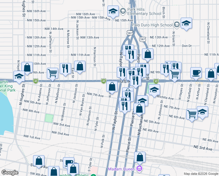 map of restaurants, bars, coffee shops, grocery stores, and more near 725 North Polk Street in Amarillo