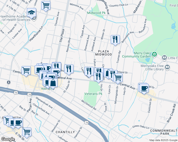 map of restaurants, bars, coffee shops, grocery stores, and more near Tippah Park Court in Charlotte
