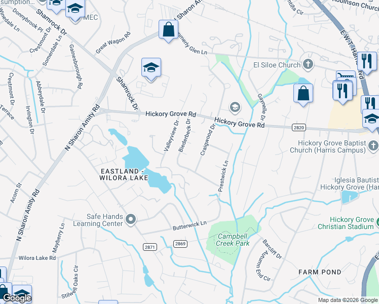 map of restaurants, bars, coffee shops, grocery stores, and more near 6615 Balgreen Court in Charlotte