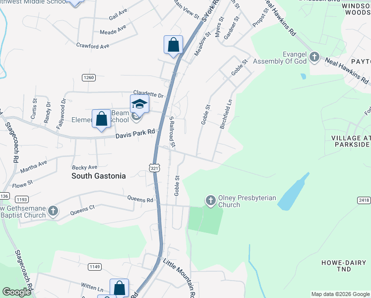 map of restaurants, bars, coffee shops, grocery stores, and more near 212 Huffman Road in Gastonia
