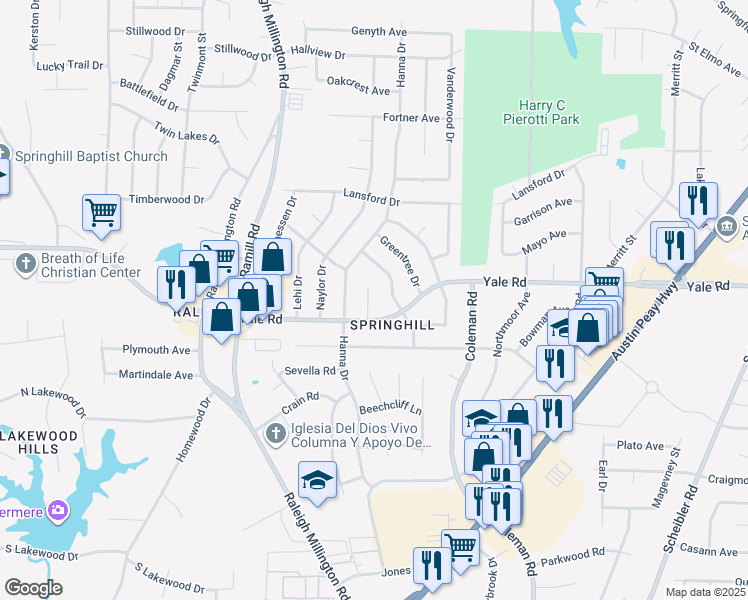 map of restaurants, bars, coffee shops, grocery stores, and more near 3509 Panbrook Cove in Memphis