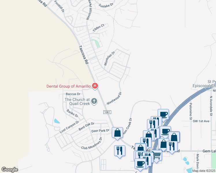 map of restaurants, bars, coffee shops, grocery stores, and more near 6309 Westcliff Pkwy in Amarillo