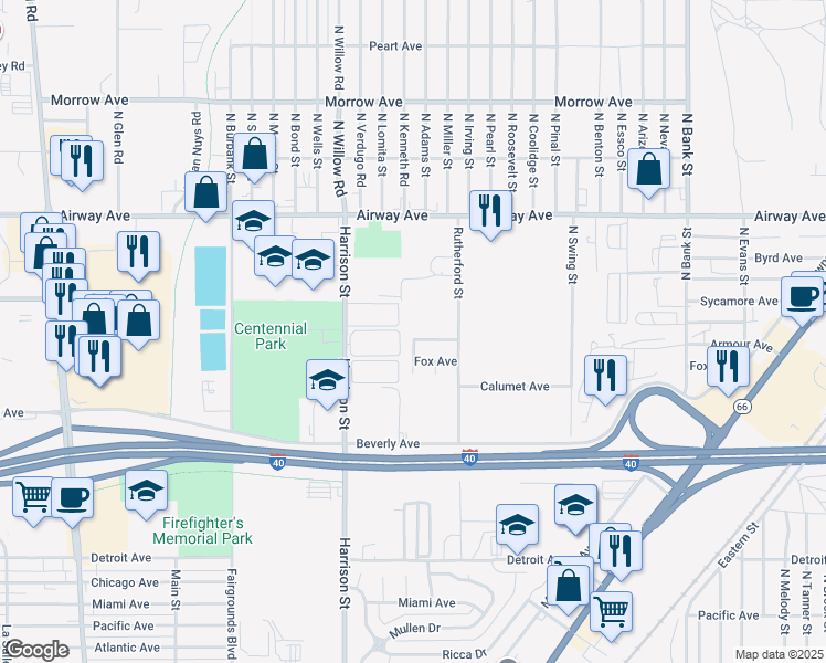 map of restaurants, bars, coffee shops, grocery stores, and more near 2461 Armour Avenue in Kingman
