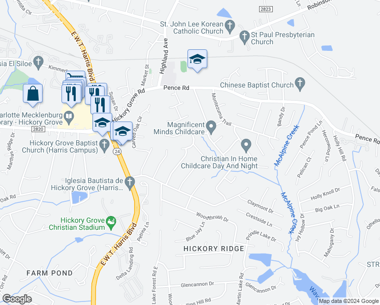 map of restaurants, bars, coffee shops, grocery stores, and more near 6608 Trammel Lane in Charlotte