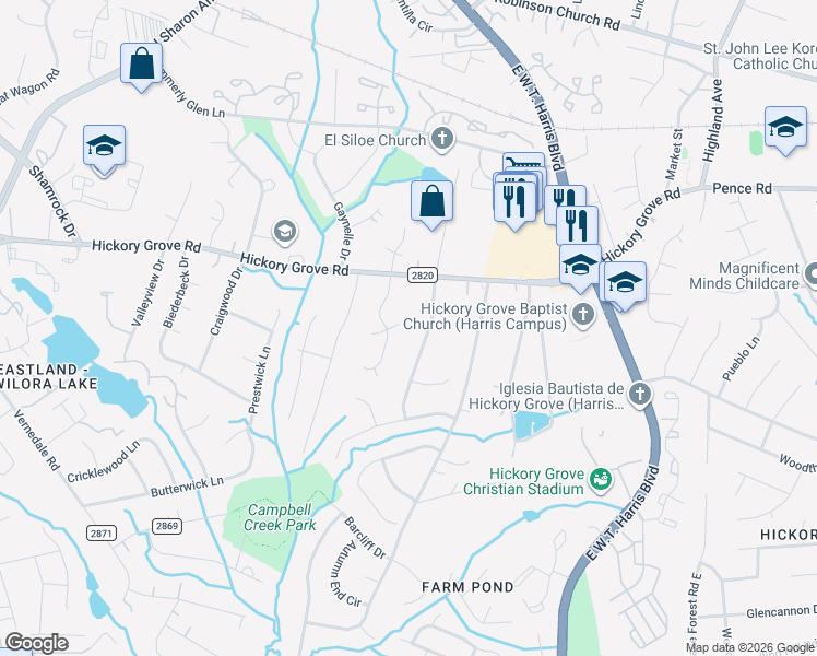 map of restaurants, bars, coffee shops, grocery stores, and more near 4638 Hobbs Hill Drive in Charlotte