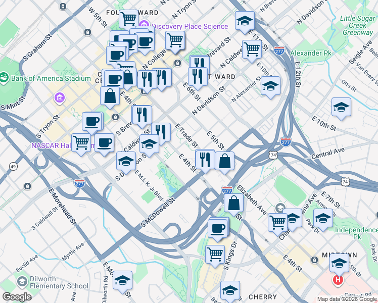 map of restaurants, bars, coffee shops, grocery stores, and more near in Charlotte