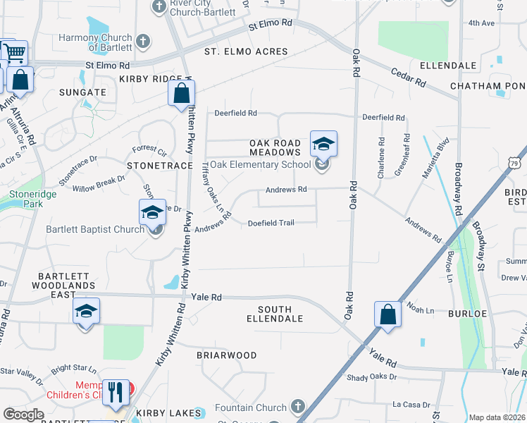 map of restaurants, bars, coffee shops, grocery stores, and more near 6930 Meadowlands Place in Memphis