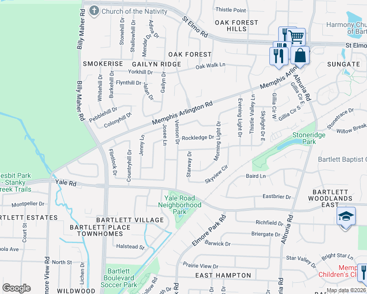 map of restaurants, bars, coffee shops, grocery stores, and more near 6215 Rockledge Drive in Memphis