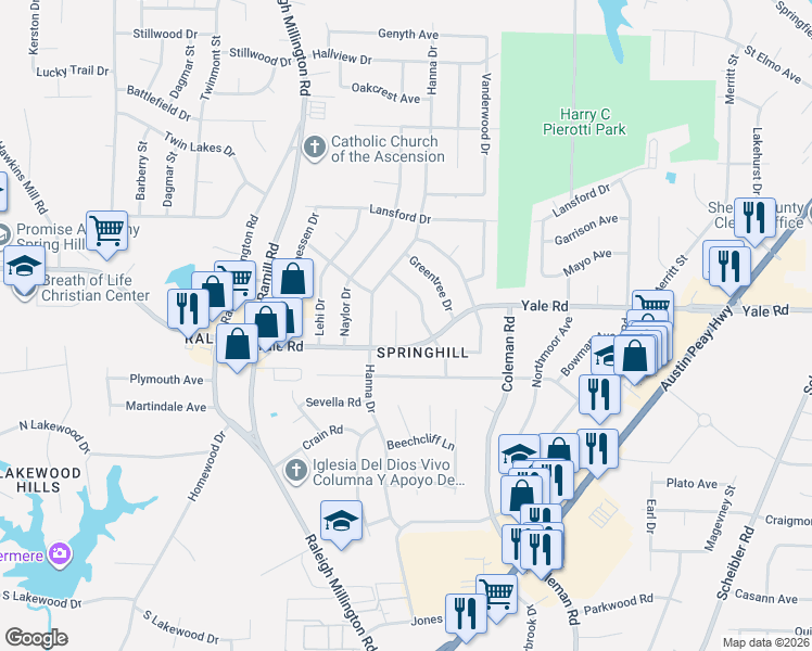 map of restaurants, bars, coffee shops, grocery stores, and more near 3509 Panbrook Cove in Memphis