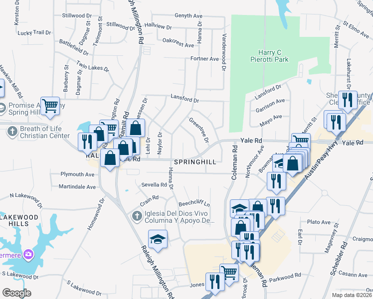 map of restaurants, bars, coffee shops, grocery stores, and more near 3509 Panbrook Cove in Memphis