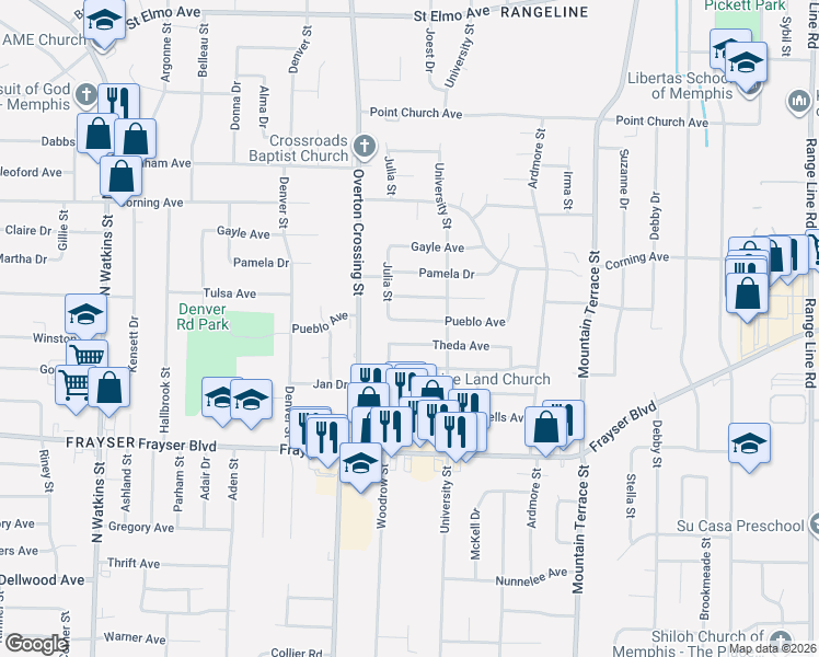map of restaurants, bars, coffee shops, grocery stores, and more near 2182 Pueblo Avenue in Memphis