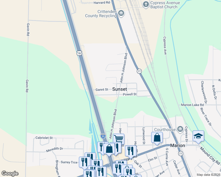 map of restaurants, bars, coffee shops, grocery stores, and more near 308 Gannt Street in Marion